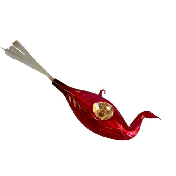 Antique Lauscha Glass Bird Ornament Red Reflector Spun Glass Tail 1930s–40s Germ - Picture 6 of 7
